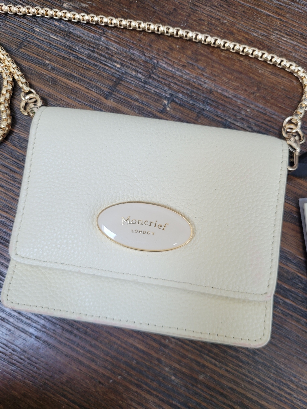 Moncrieff London Cream Leather Mini Wallet with Gold Chain